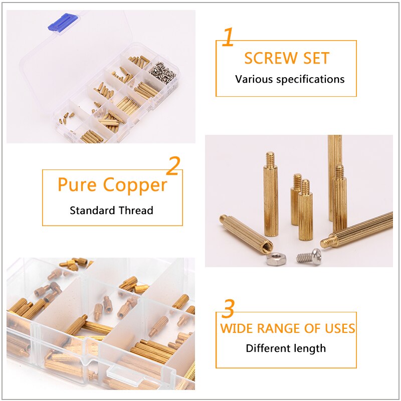 M2 Mannelijke Vrouwelijke Messing Spacer Standoff Schroef Diy Accessoires Kits Afstand Pijler Gekartelde Moer Assortiment Kit 270 Pcs