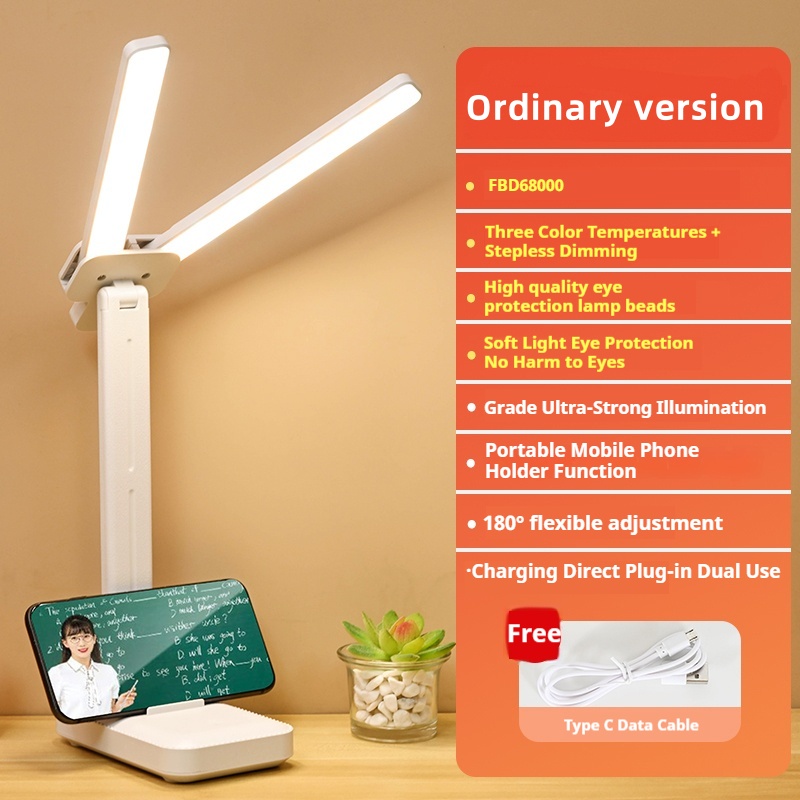 Lâmpada de mesa LED de cabeça dupla, luz noturna de toque regulável de 3 níveis, recarregável por USB, proteção para os olhos, mesa de leitura de cabeceira dobrável: BRANCO