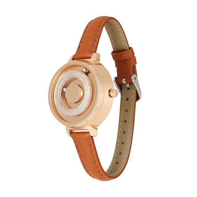 Magnetische Gouden Horloge Eutour Luxe Dames Horloge Quartz Vrouw Horloge Rvs Polshorloge Mode Vrouwelijke Klok: Gold Brown Leather