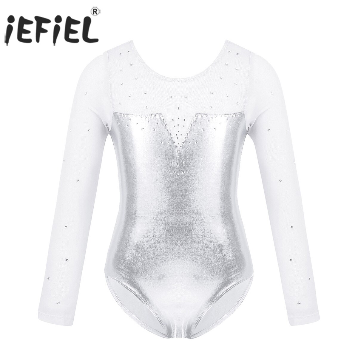 iEFiEL Kids Girls Dance Costumes Sparkly Rhinestone Metallic Ballerina Ballroom Dance Gymnastics Leotard Bodysuit Turnpakje