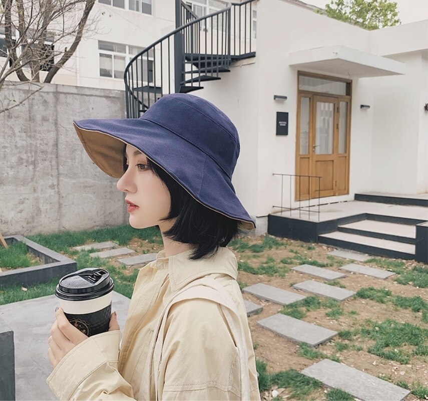 GOUTER Both Sides Broad-brimmed Hat Japanese Style Women Outdoor UV Protection Bucket Hat Foldable Wide Brim Hat Beach Sun Hat