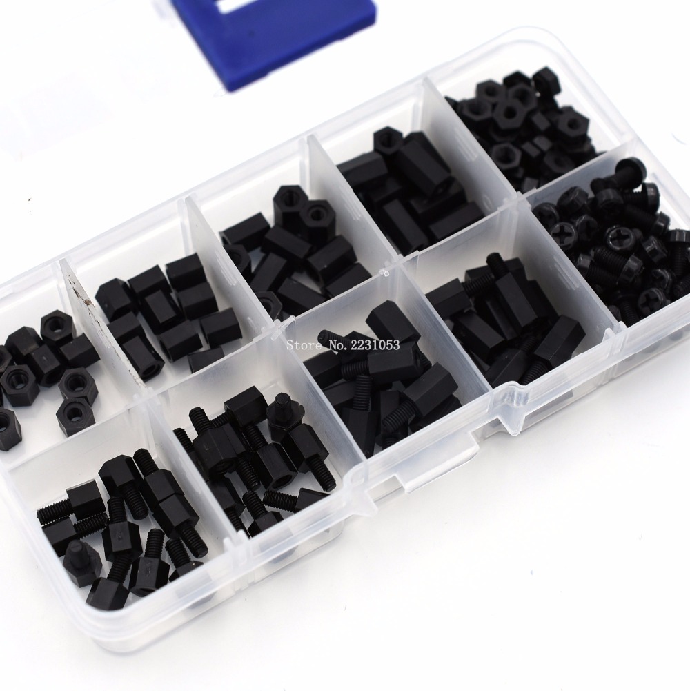 200 STKS M3 Nylon M-F Hex Spacers Moer Mannelijke Vrouwelijke schroef Assortiment Kit Zwart Stand off Set M3 * 5mm M3 * 6 M3 * 8 M3 * 10mm