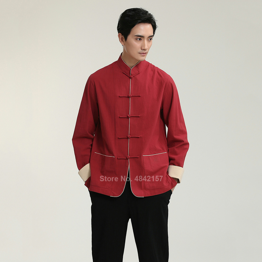 Tops Hanfu de estilo chino para hombres, traje Tang de manga larga de lino, chaqueta, uniforme de Tai Chi, ropa Wushu, camisas Vintage, cuello levantado