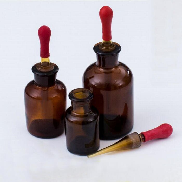 Botellas de vidrio ámbar de 60ml con goteros de vidrio rojo para laboratorio de química, contenedor de líquidos, uso en laboratorio