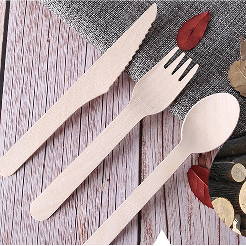 150pcs Disposable Dinnerware Set Wooden Knives Forks Spoons Eatting Tools For Restaurant Hotel Home Tableware