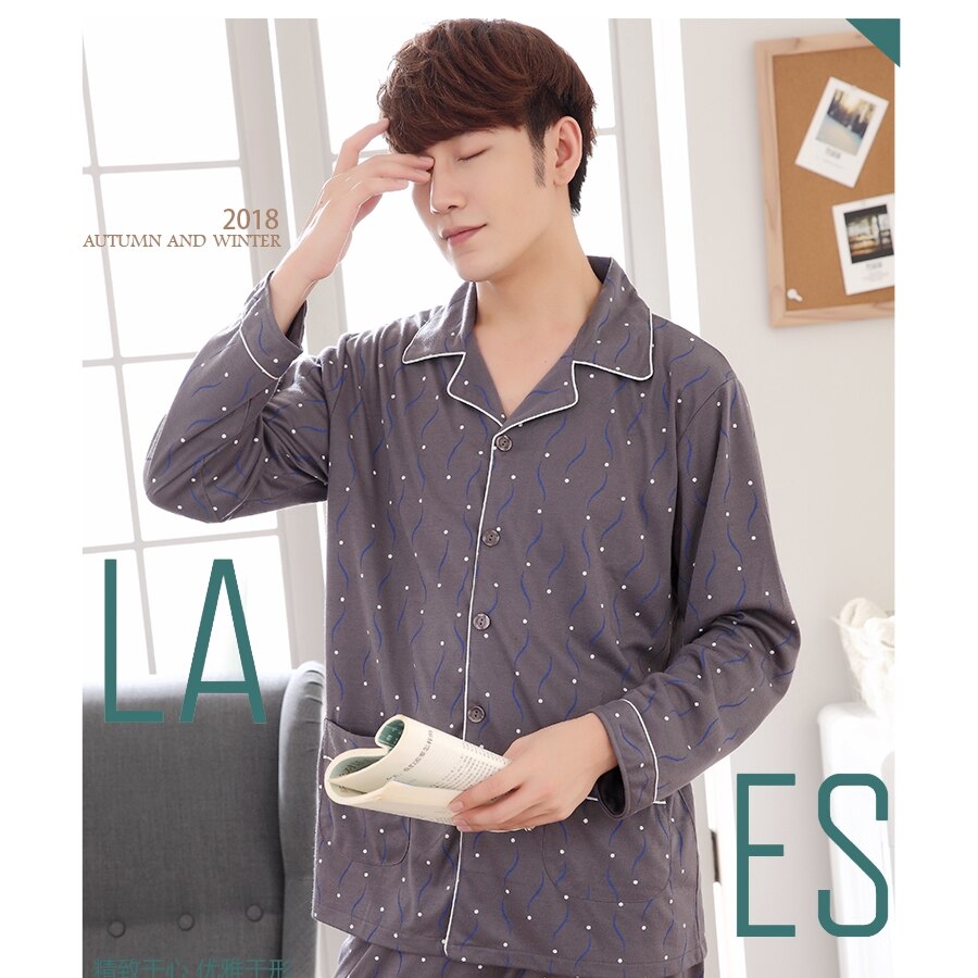 Mænd tøj mand pyjamas sæt bomuld langærmet koreansk nattøj mandlige hjemmetøj