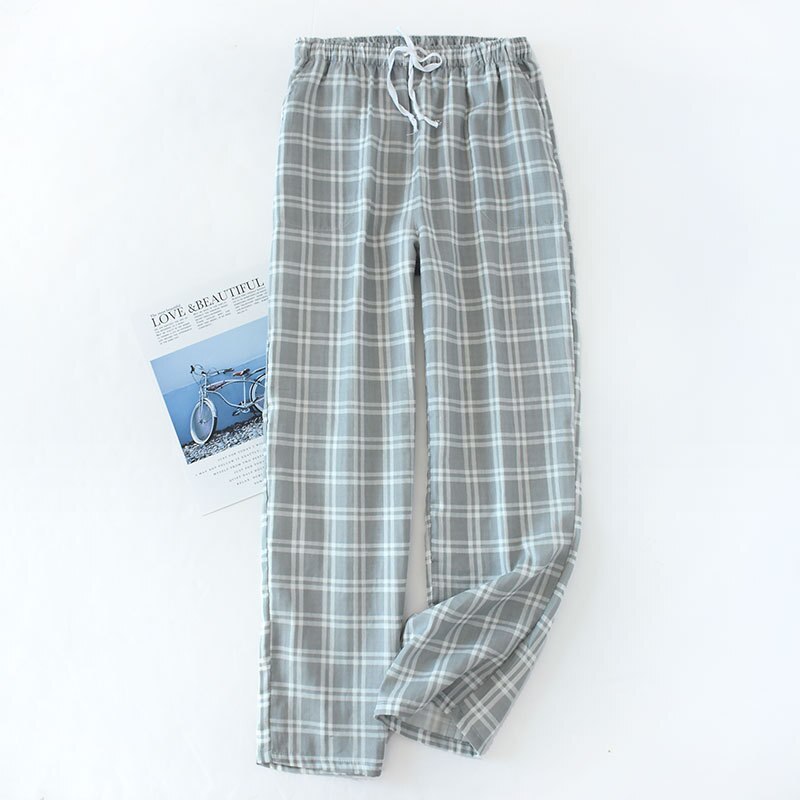 Mens Cotton Gauze Sleep Bottoms Plaid Knitted Pajama Pants Loose Sleepwear Lounge Wear Trousers Men Elastic Band Pijama Shorts #: Gray trousers / M