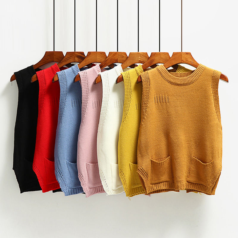 Solid ydre slid rund hals strik vest korte kvinder efterår og vinter koreansk ærmeløs vest sweater