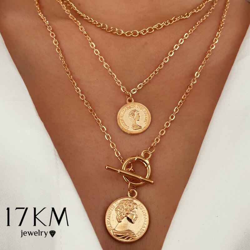 Bohemian Multi-layered Portrait Coin Necklace For Women Gold Geometric Round Lock Pendant Necklaces Sweater Jewelry