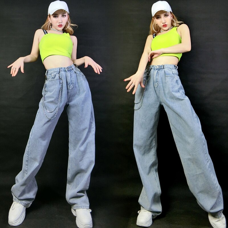 Hip Hop Costumes Green Vest Denim Trousers Street Dance Clothing Modern Rave Outfit Women Jazz Performance Wear DNV13056