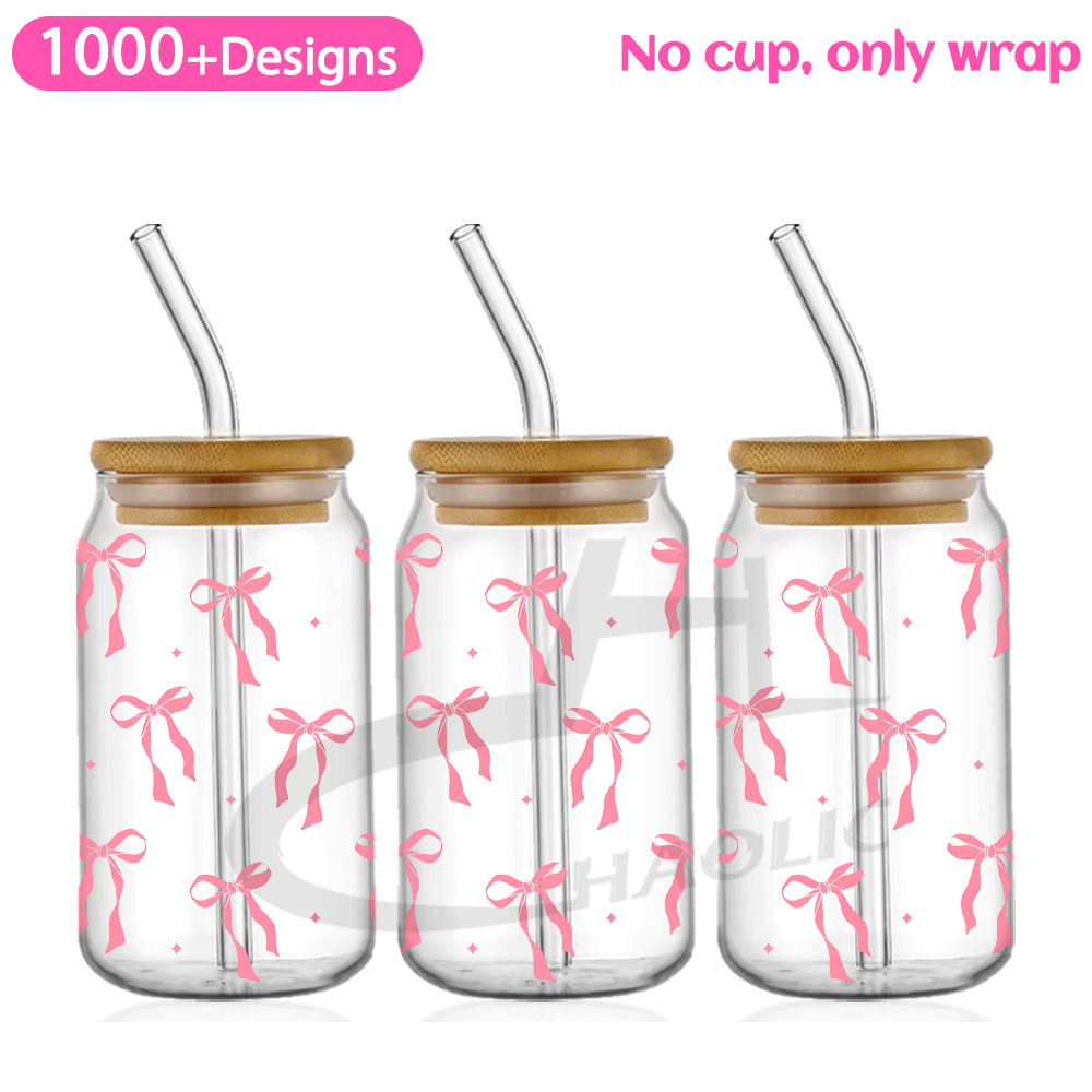 Roze zwierige strikken UV DTF Cup Wrap voor 16oz Libbey bierglas kan mooie liefde linten schattig girly Cup Wrap UV DTF sticker: ROSE