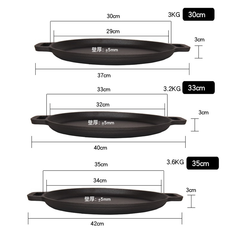 30cm/33cm/35cm Cast Iron Steak Pan BBQ Roasting Meat Roaster Round Uncoated Cooking Pot Pizza Pancake Griddles Flate Bottom
