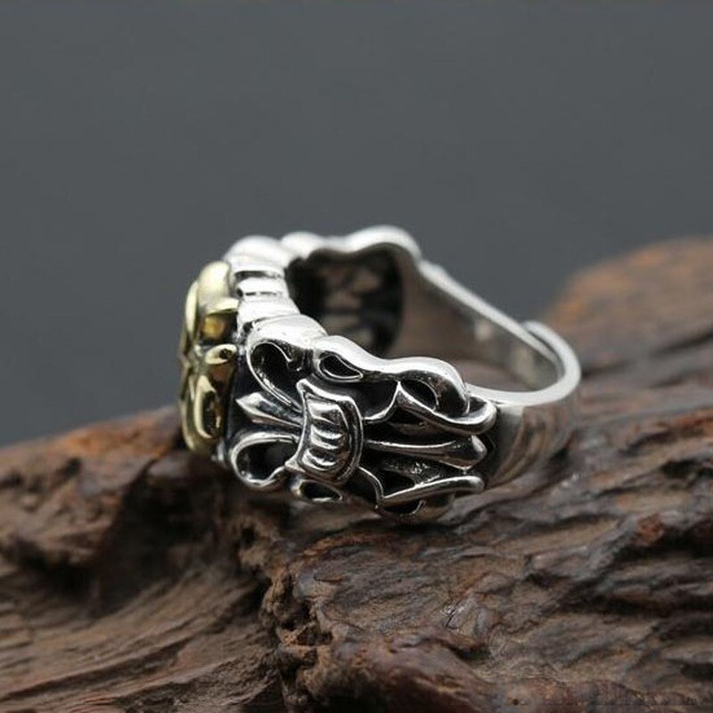 S925 Silver Overheersend Overdreven Crown Earl Cross Retro Mannen Hipster Open Verstelbare Ring