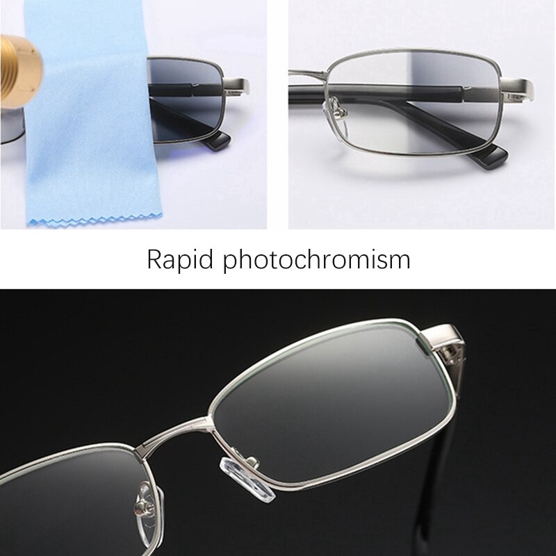 Gafas de lectura para hombre, lentes de cristal para presbicia, fotocromáticas, de aumento transparente, cuadradas, con marco de Metal plateado, de