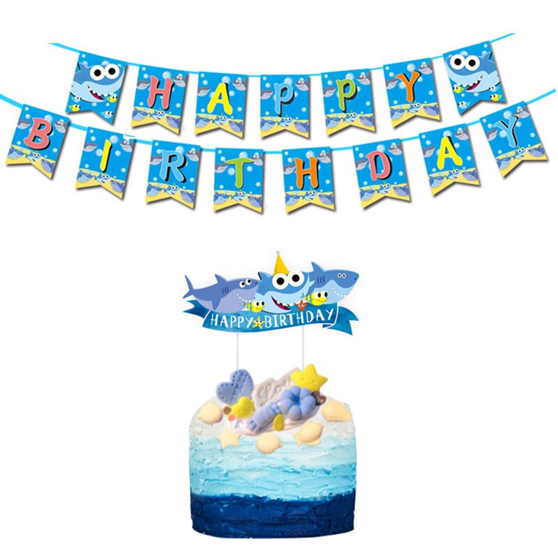 Ocean Shark Disposable Tableware Animal Pattern Paper Plates Cups Hanging Banners Ornaments Kids Birthday Party Supplies