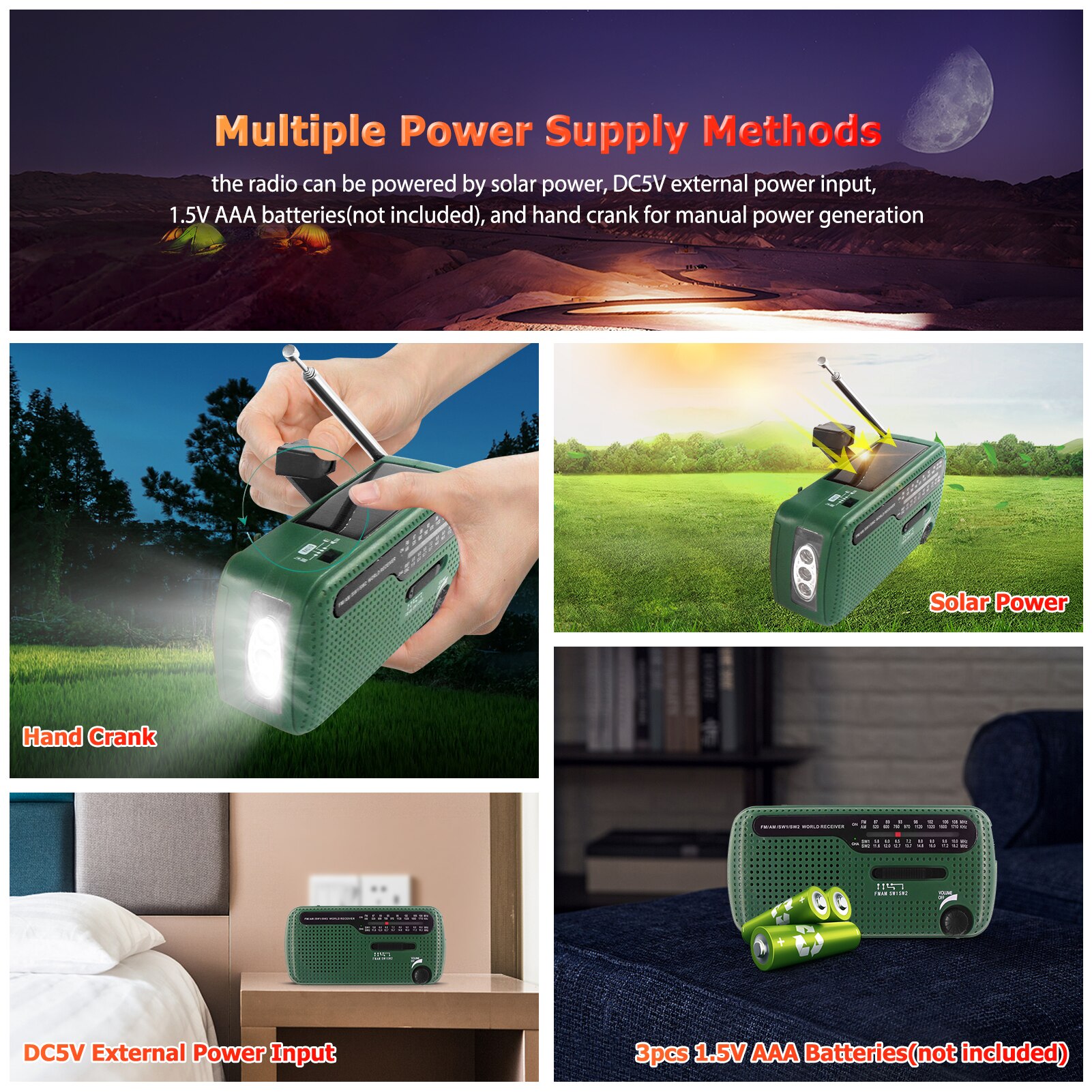 Emergency Radio Hand Crank Solar Radio 1200Mah Oplaadbare Draagbare Power Bank Led Zaklamp Am/Fm/SW1/SW2 Wereldontvanger