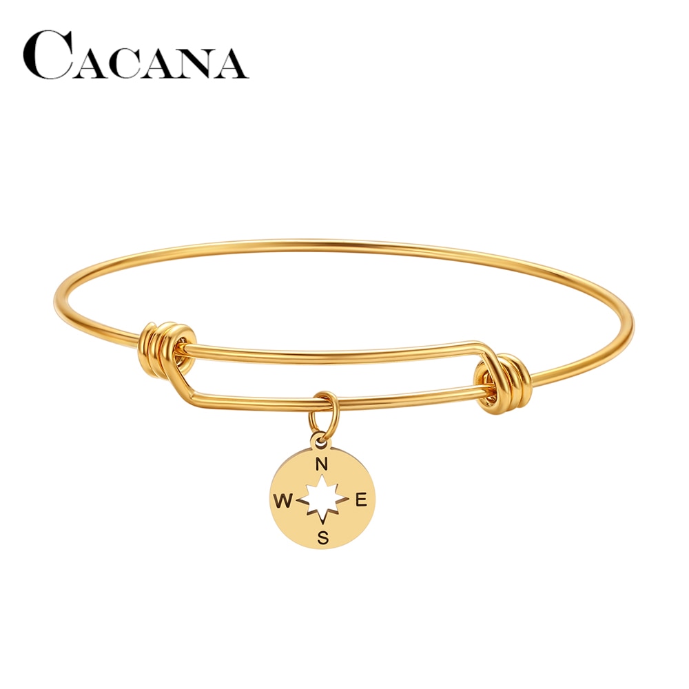 Cacana 316l rustfrit stål justerbart armbånd guldfarve kompas enkle trendy smykker til kvinder armbånd bryllupsfest
