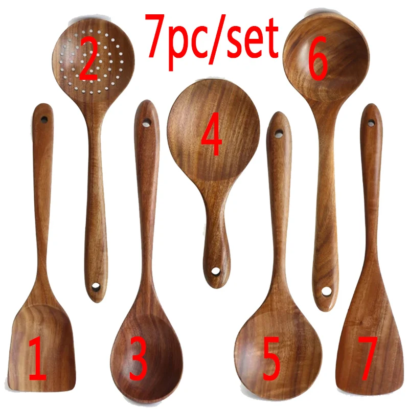 7 Stks/set Teak Natuurlijke Houten Servies Lepel Pollepel Turner Rijst Vergiet Soep Skimmer Koken Lepel Scoop Keuken Herbruikbare Tool Kit: Light Grey