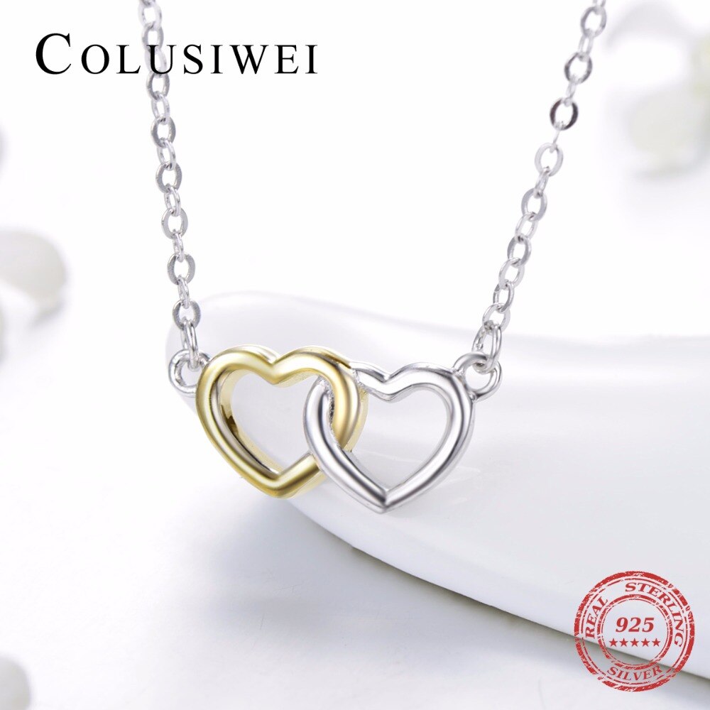 COLUSIWEI Genuine 100% 925 Solid Silver Ring & Stud Earrings Double Hearts Gold White Color Engagement Jewelry Set