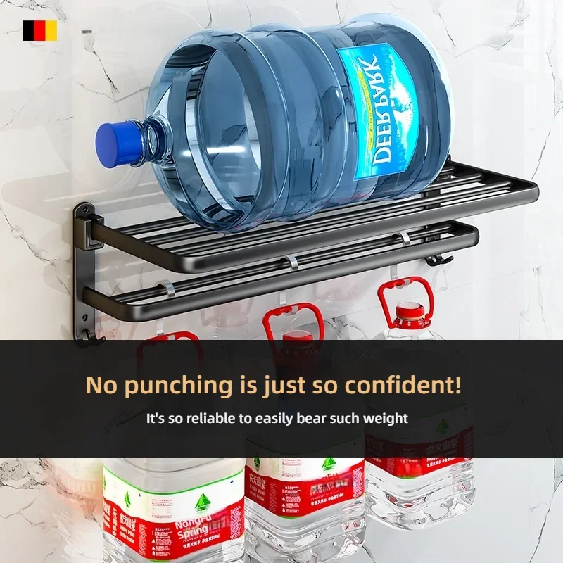 Raft de baie pliabil fără găurire, suport de prosoape din aluminiu cu strat dublu, depozitare pentru baie, suport de prosoape de baie cu cârlig, suport pentru prosoape