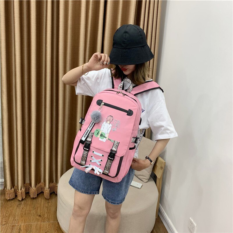 Estudante universitário mochila, náilon guitarra menina escola sacos para adolescente, usb grande capacidade médio high college adolescente schoolba: pink