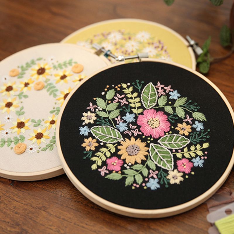 Plant Flowers Pattern 3D Embroidery Sewing Kit DIY Embroidery Set With Hoop Cross-stitch Crafts Hand-stitched Tools