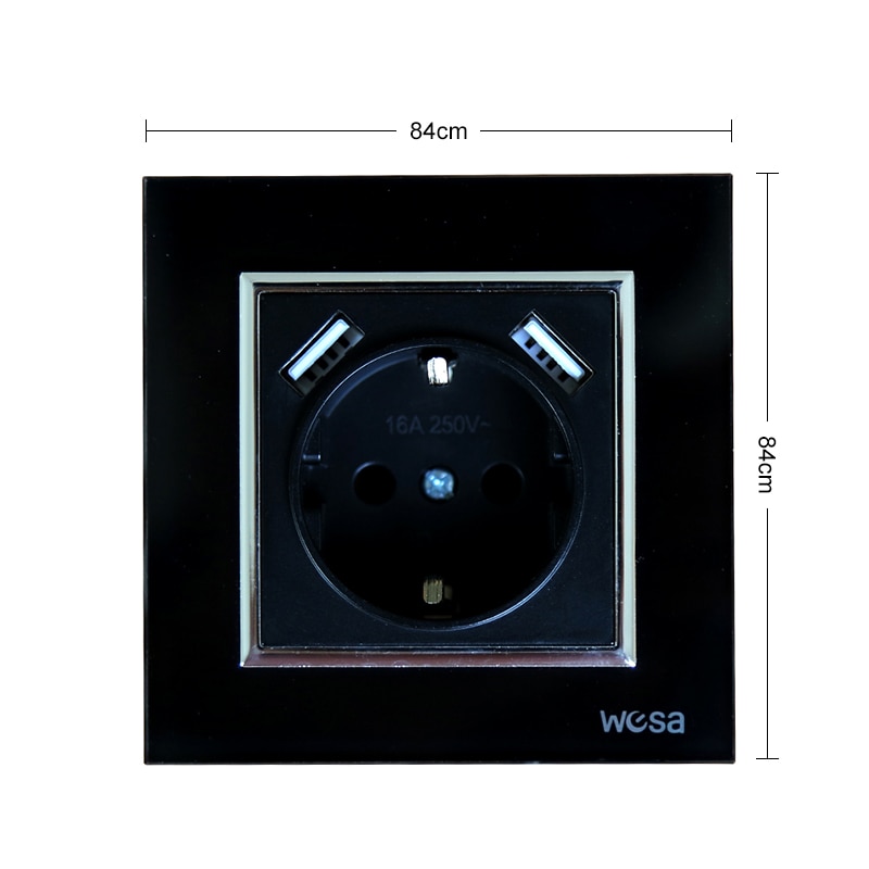 Nowy projekt podwójne USB ściany, jeden gniazdo ziemi 5V 2A czarne szkło hartowane rama FB-19 ścienne gniazdo USB gorący europejski standard