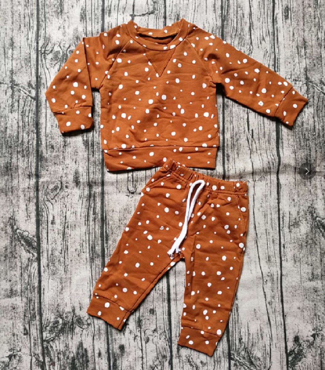 Cor pura meninos e meninas quente polka dot topo e terno inferior