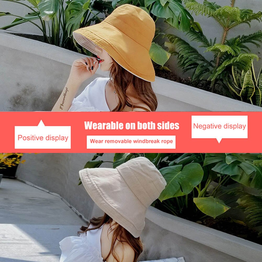 Sunhat Women Summer Beach Wide Brim Sunscreen Outdoor Travel Hat Rolled Double-sided Fisherman Hat: double-sided yellow