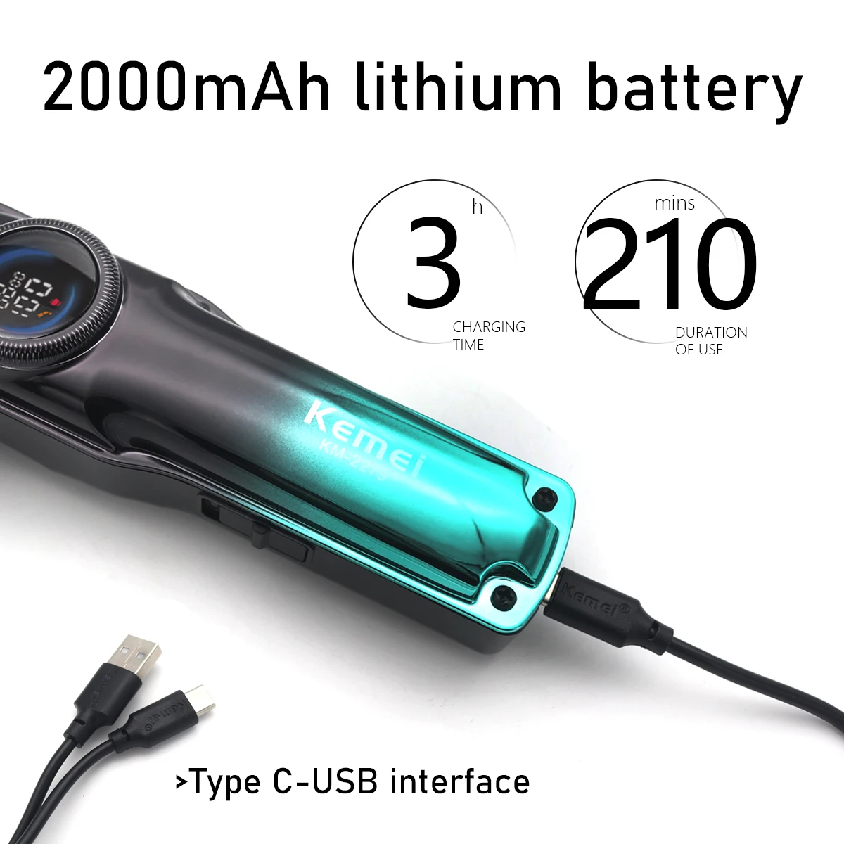 Kemei KM-2279 Hair Clipper for Men LCD Display Low Noise Cordless USB Interface Hair Cutting Machine Hair Trimmer