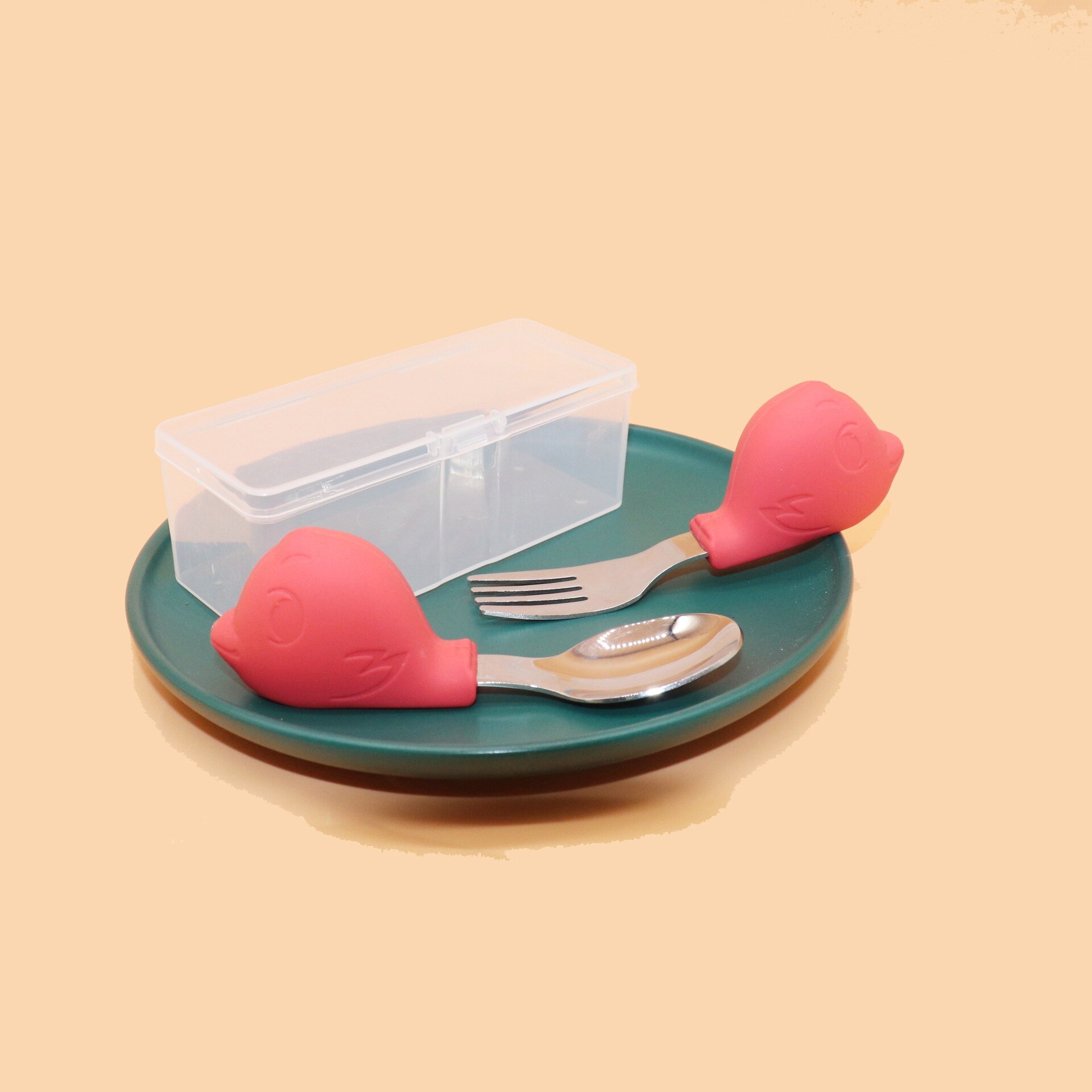 Babyservice lære at spise træning ske kort ske gaffelsæt spædbørnsservice fodergaffel baby gadgets børnebestik: Rød vred fugl skegaffel med opbevaringsboks