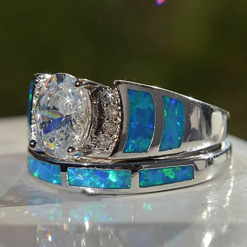 Huitan, , conjunto de anillo Oval CZ para mujer, Ópalo de imitación azul, anillo de boda para de cóctel, joyería de , , tamaño 5-10