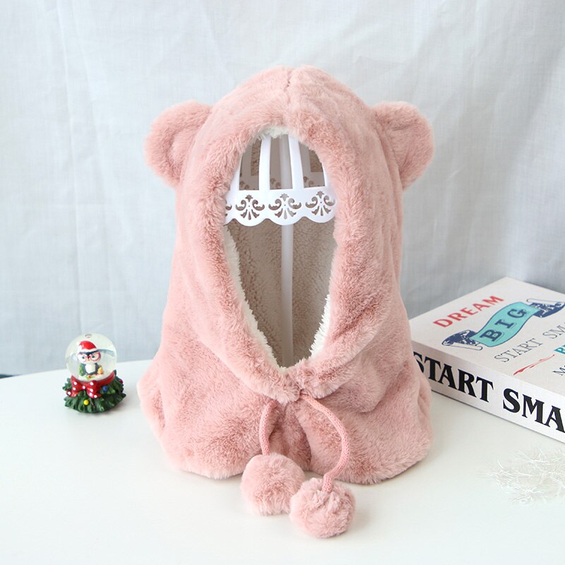 Schattige babymuts met berenoortjes, warme pluche wintermuts voor meisjes en jongens, effen kleur, oorbescherming voor buiten, zachte peutermuts: Roze