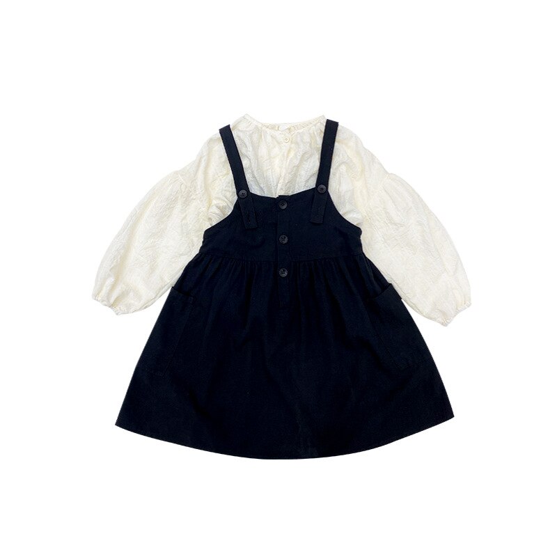 Meisjes Lente Mode Witte Blouse En Zwarte Overalls Jurk Kinderen Alle-Match Outfits 2 Stuks Sets