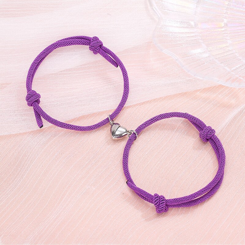 2Pcs/Set Minimalist Lovers Heart Matching Friendship Bracelet Rope Braided Couple Magnetic Distance Bracelet Kit Lover Jewelry: Purple