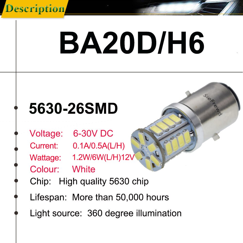 1x h6 led  ba20d motorcykel forlygte pære hi/nærlys 5630 26 smd moto scooter knallert atv motorcykel tågelygte hvid 6v 12v dc