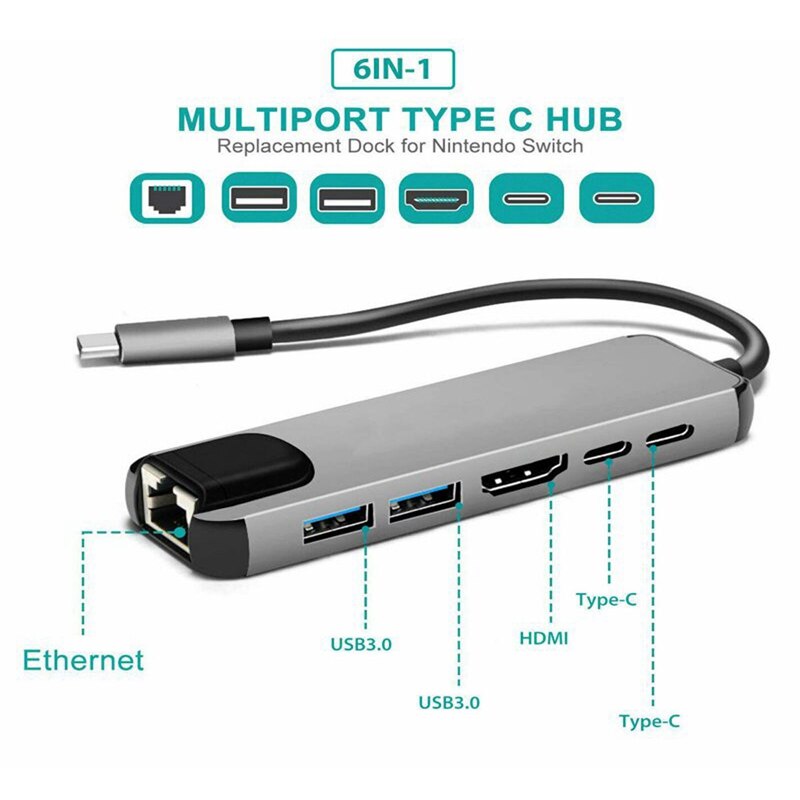 USB-C Hub Hub Adapter 6 In 1 Aluminium Type-C Naar Hdmi/87WPD RJ45 Hub 4K hd Usb 3.1 Adapter