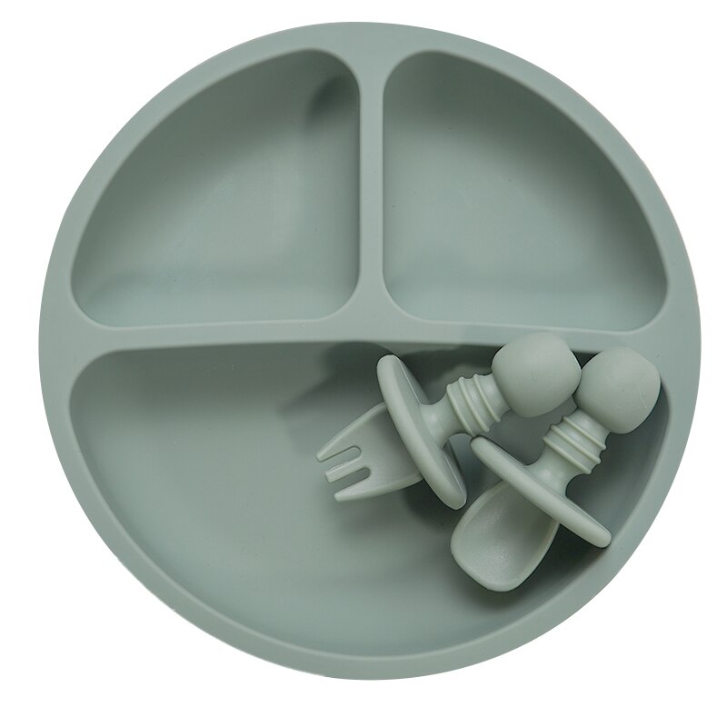 Ensemble d&#39;assiettes en silicone solide, vaisselle d&#39;apprentissage pour bébés, à la , avec fourchette, cuillère, sans BPA: sage