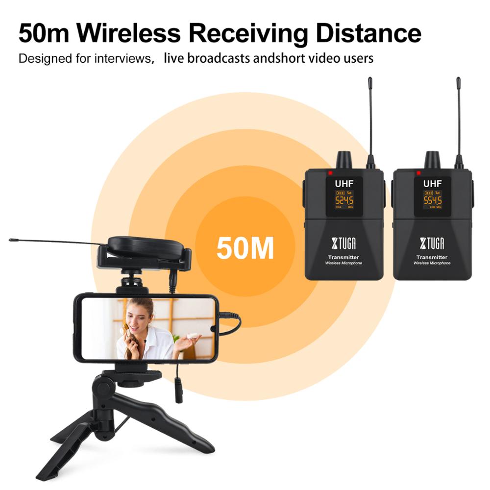 XTUGA Wireless Lavalier Microphone Camera Mic with Mini Rechargeable Receiver for Phones SLR Cameras Interview Live Recording