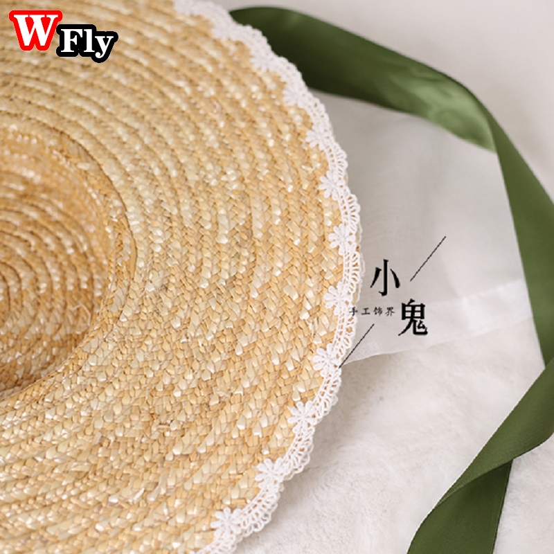 Chapeau de soleil en paille pour femmes et filles, japonais, Lolita, fait à la main, ruban de fleurs en dentelle, nœud papillon à large bord, chapeaux de paille élégants