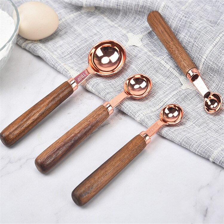 Rose Gold Stainless Steel Coffee Measuring Cup Measuring Spoon Set Utensils Scale Spoon Baking Wooden Handle Measuring Cup: Walnut spoons 4 pcs