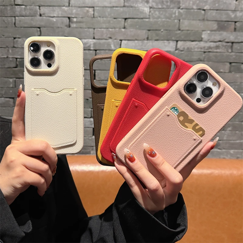 Leather Pattern Card Bag Slot Holder Wallet Case For iphone 13 14 15 16 Pro Max 15 14 Pro Shockproof Soft Silicone Cover