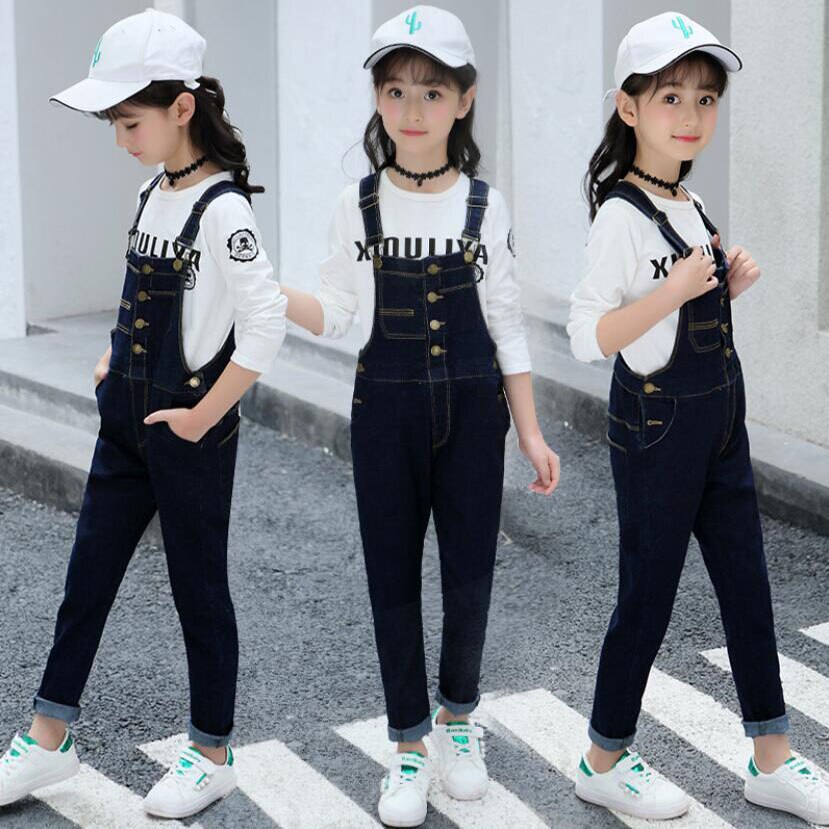Dziewczęce ogrodniczki jeansowe na wiosnę i jesień, 3-13t spodnie na szelkach, solidne, codzienne, jeansowe, dla dziewczynek