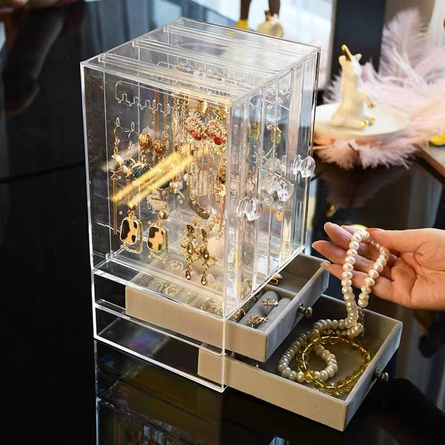 Vetrina trasparente per orecchini e collane, custodia in plastica Vintage ▾ con cassetti per bracciali, anelli e accessori