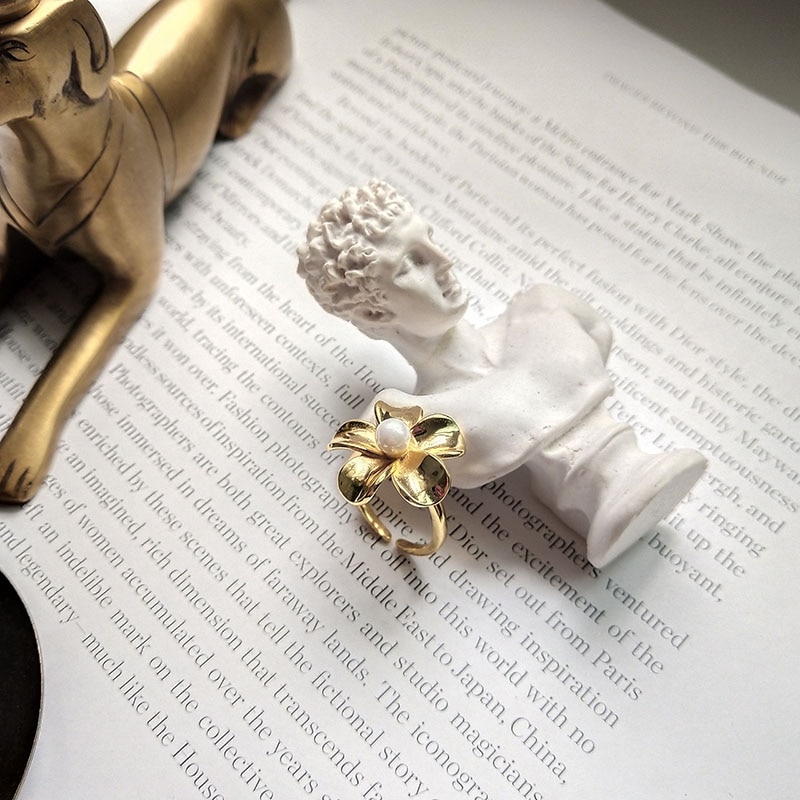ANENJERY Dainty Jewelry Gold Color Flower Pearl Opening Ring For Women Party Jewelry S-R804