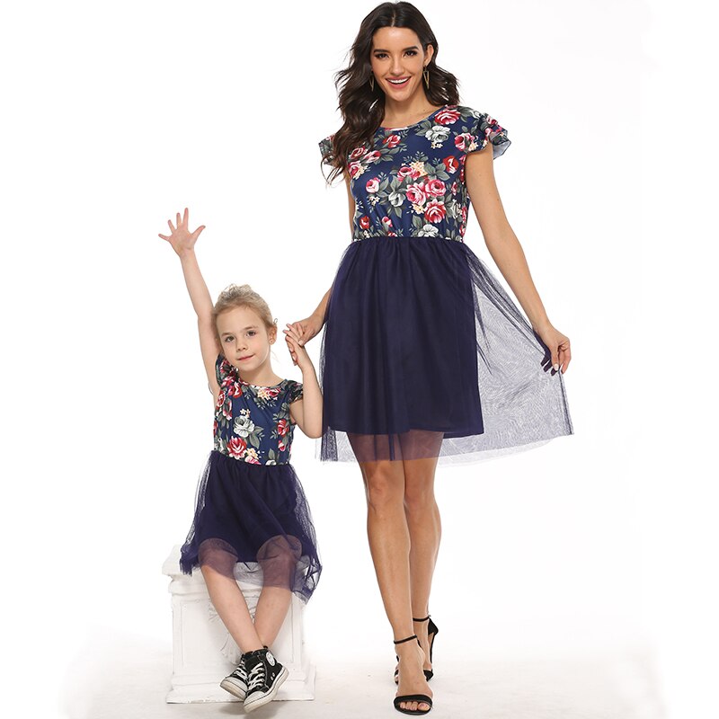 Short Sleeve Mother Daughter Matching Dresses Patchwork Mesh Family Look Mommy And Me Mommy And Baby Floral Outfits
