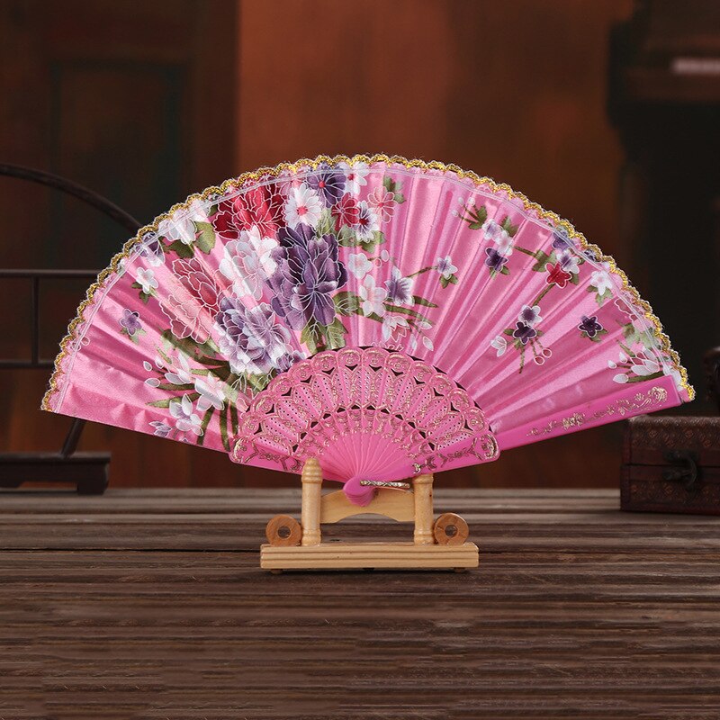 Chinese Stijl Hand Held Folding Dance Fan Wedding Party Lace Silk Folding Handheld Bloem Fan Zomer Bruiloft Fan Party: Roze