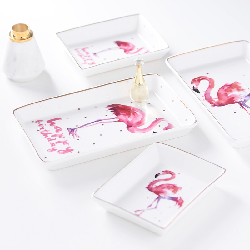 Creativity Flamingo Porcelain Square Plate Dish Ceramic Dessert Plate Ewellery Tray Storage Plate Snack Decorative Plate Set