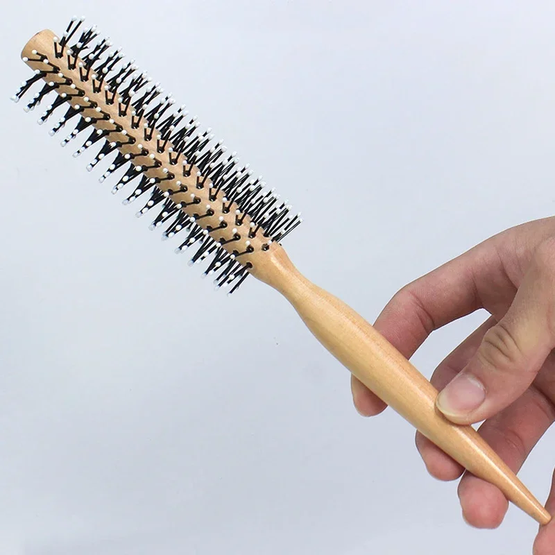 Mini cepillo redondo de nailon para hombres, peine para peinar el cabello rizado, peine rodante, cepillo redondo para cabello fino o corto con mango de madera