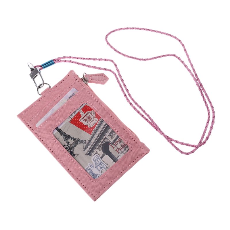 Vrouwen Visitekaarthouder Portemonnee Mannen Pu Lederen Id Kaarten Houders Case Neck Strap Lanyard Dames Mode Mini Slanke Portefeuilles: Roze